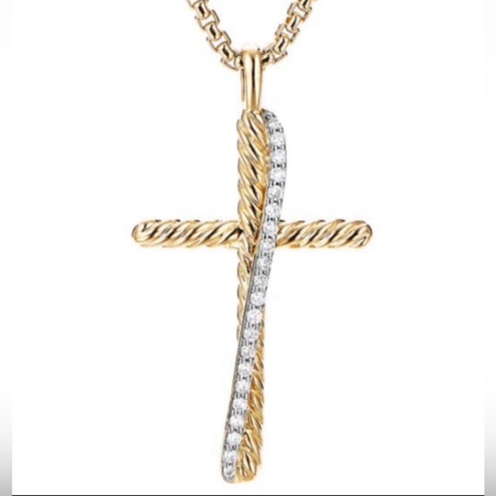 Cable Gold Crossover Cross Pendant Necklace/Pavé Diamonds 17” adjusts to 21"